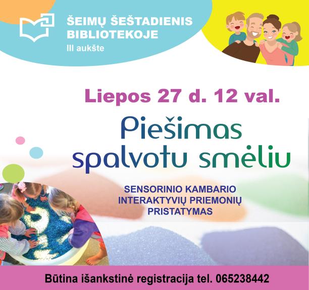 ŠEIMŲ ŠEŠTADIENIS BIBLIOTEKOJE: piešimas spalvotu smėliu